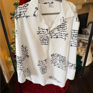Elegant White Script Button-Down Shirt